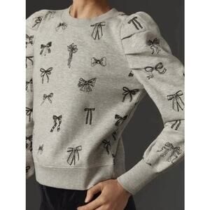 NWT Anthropologie Maeve Embroidered Bow Puff Sleeve Sweatshirt Size L
